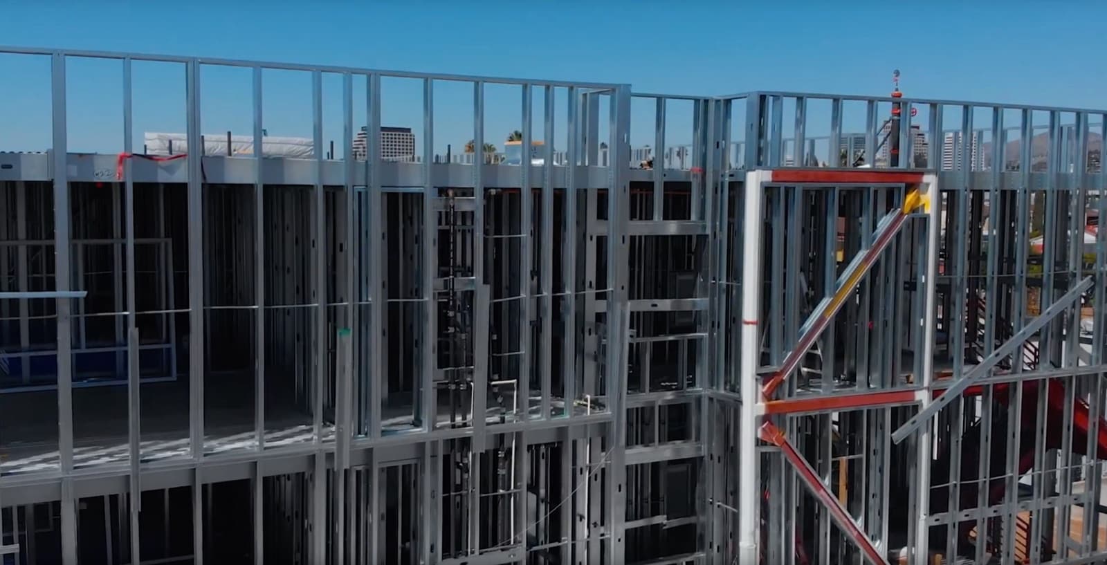 Close view of the light gauge steel wall framing on the Holiday Inn & Suites in Glendale.