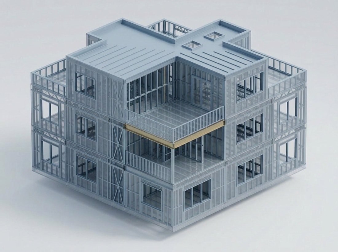 BIM model of a light gauge steel-framed building showing the coordinated structural framing, floors, and roof
