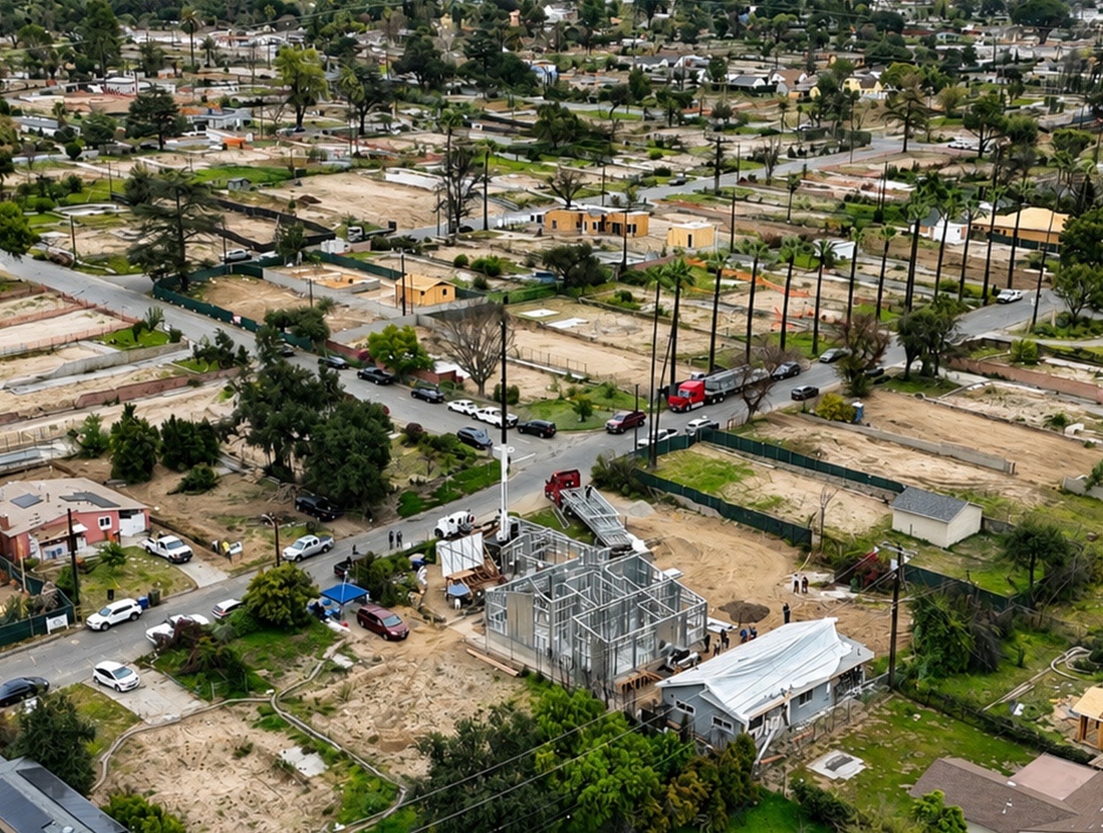 Aerial of a light gauge steel home under construction on a cleared lot in a fire-affected Southern California neighborhood, surrounded by empty lots and surviving trees.