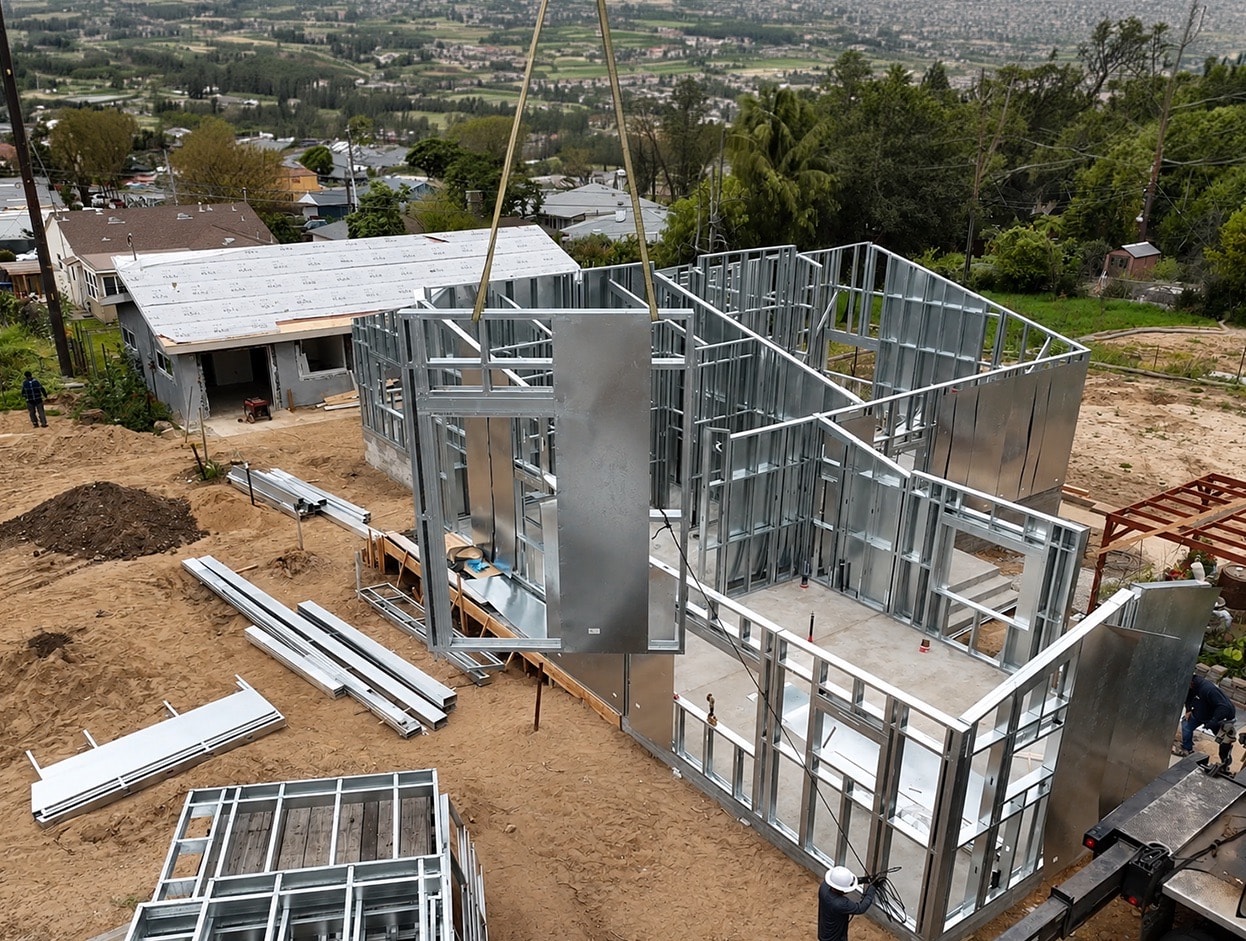 Aerial of a light gauge steel framed home being erected on a hillside lot, with prefabricated panels craned into place above a valley.