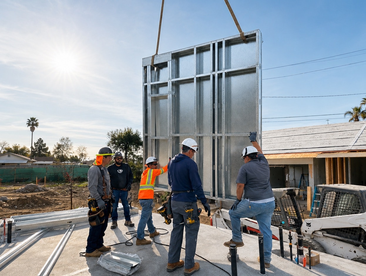 A construction crew guiding a prefabricated light gauge steel wall panel as it is craned into place on a home rebuild.