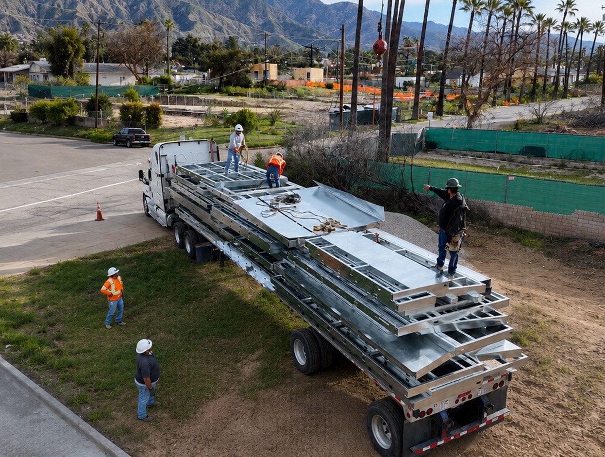 A flatbed truck delivering panelized light gauge steel wall sections to a rebuild site as the crew unloads them.