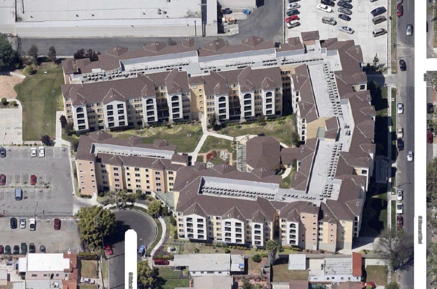 Aerial view of the two Harvard Yard multifamily buildings in Los Angeles.