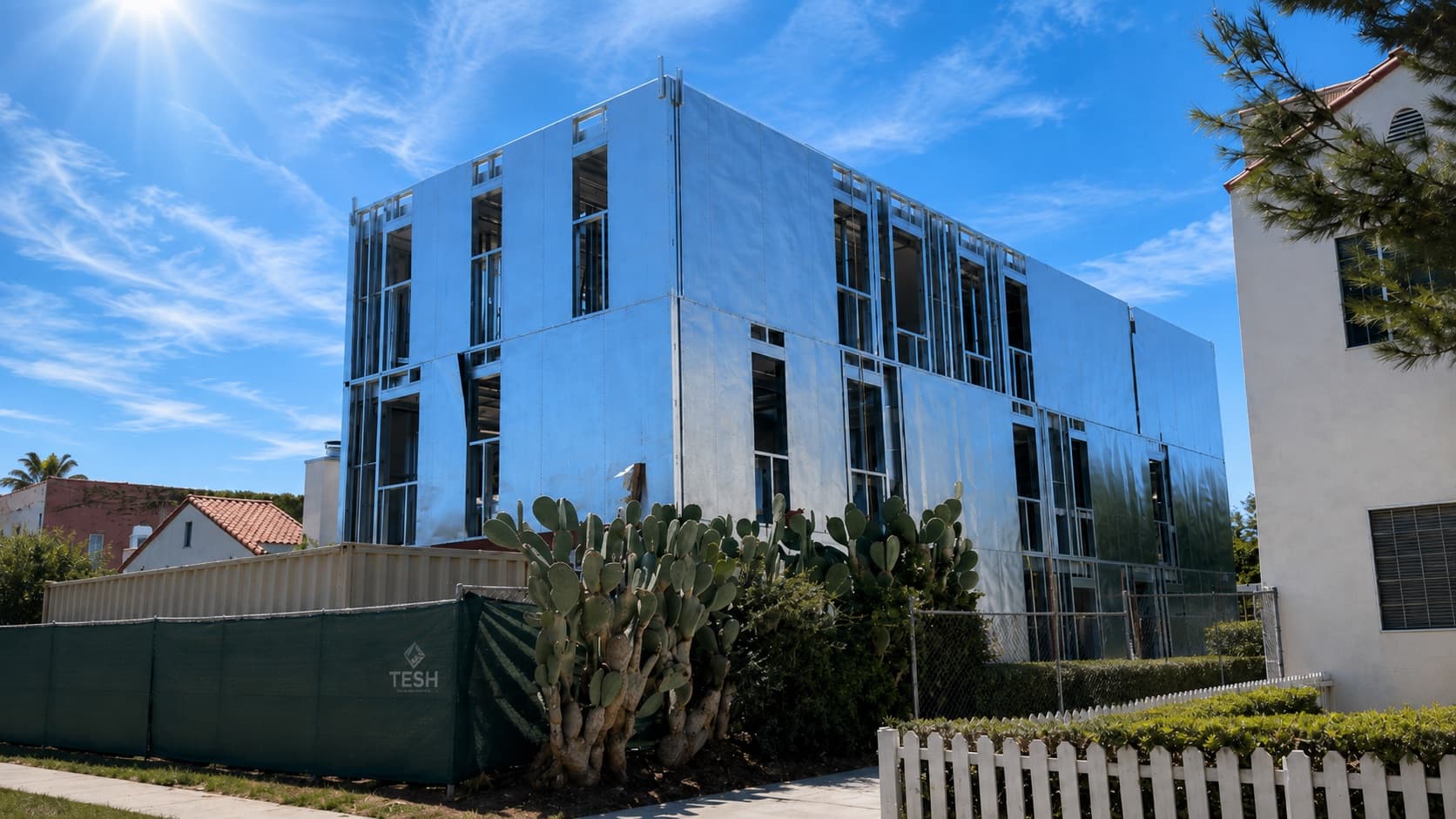 Three-story panelized light gauge steel building under construction