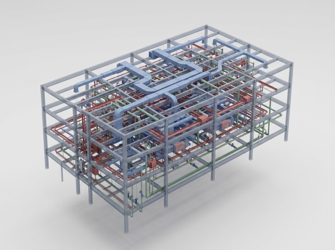 MEP coordination model showing mechanical, electrical, and plumbing systems routed through the steel frame for clash detection