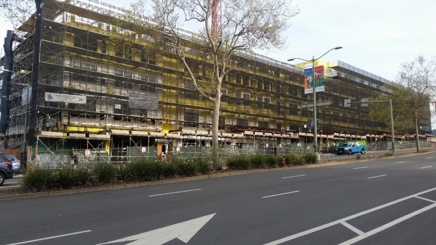 The Merrill Gardens assisted living development in Oakland under construction, sheathed over a light gauge steel frame.