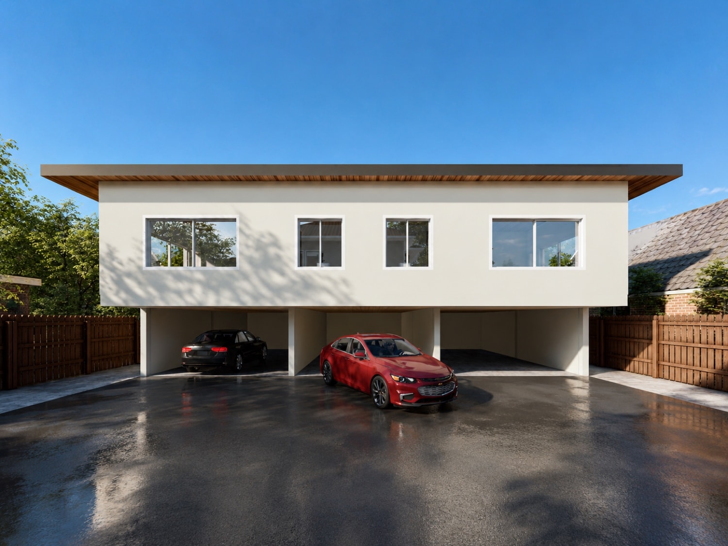 Architectural rendering of a multifamily ADU built over a carport.